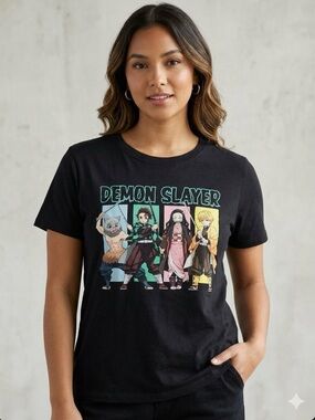 Demon Slayer Graphic Tee Black Womens XXL Anime T Shirt Kimetsu No Yaiba Group